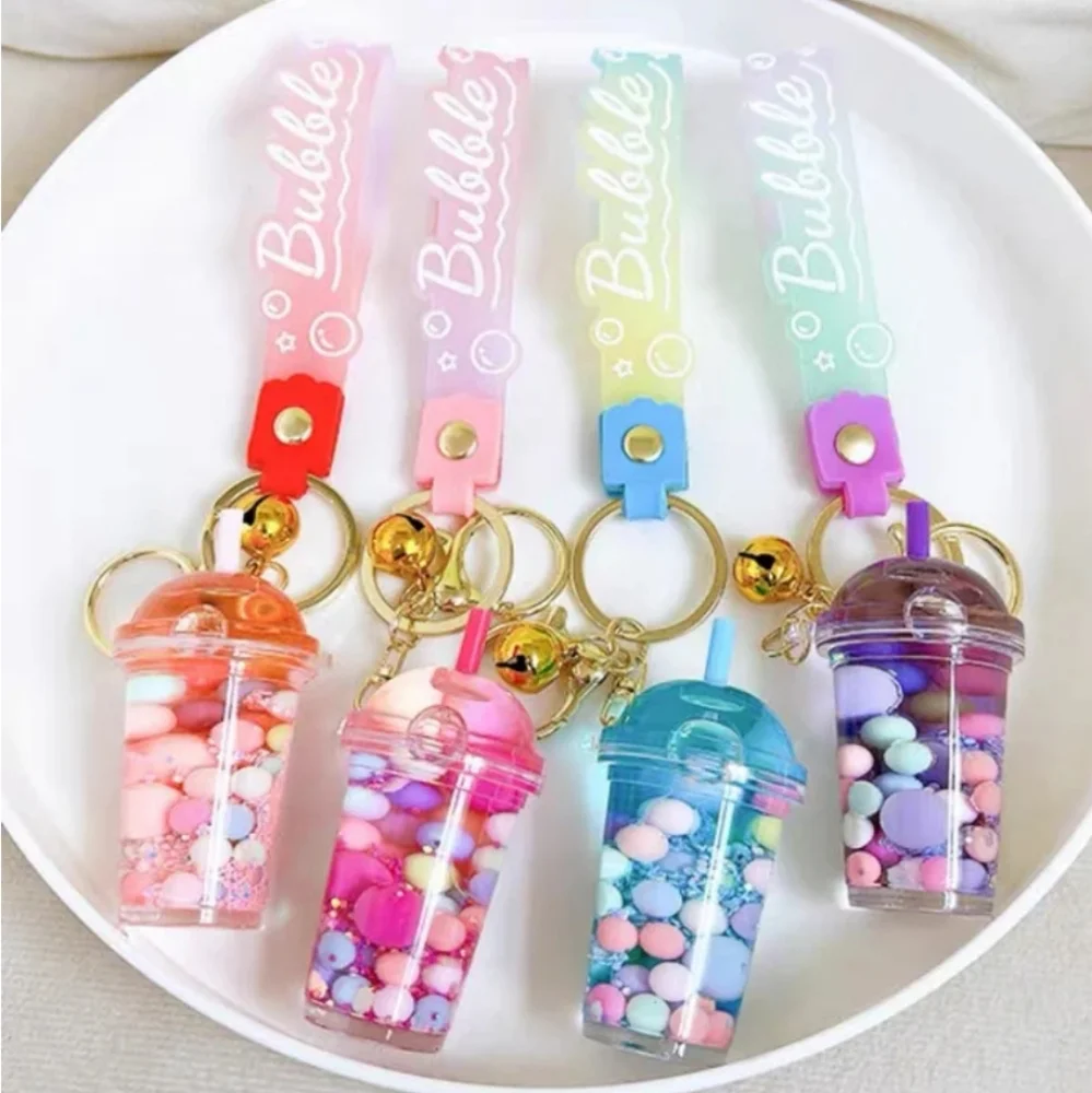 Pink Pearl Bubble Milk Tea‎ Keychain with Gold Accents Boba Drink Purse Charm